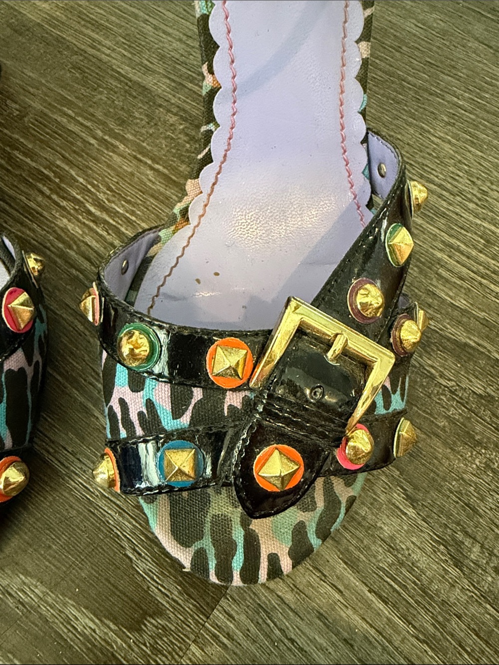 Betsey Johnson Purple Insole Multicolor Studded Ankle-Strap Heels - Picture 2 of 8